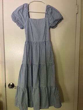 J. Crew Blue & White Striped Puff-Sleeve Midi Dress